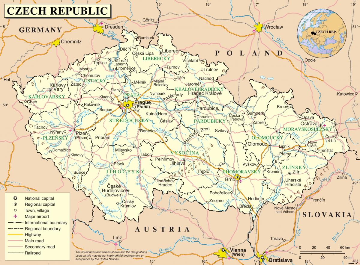 Tsjechië (Tsjecho-Slowakije) op een kaart